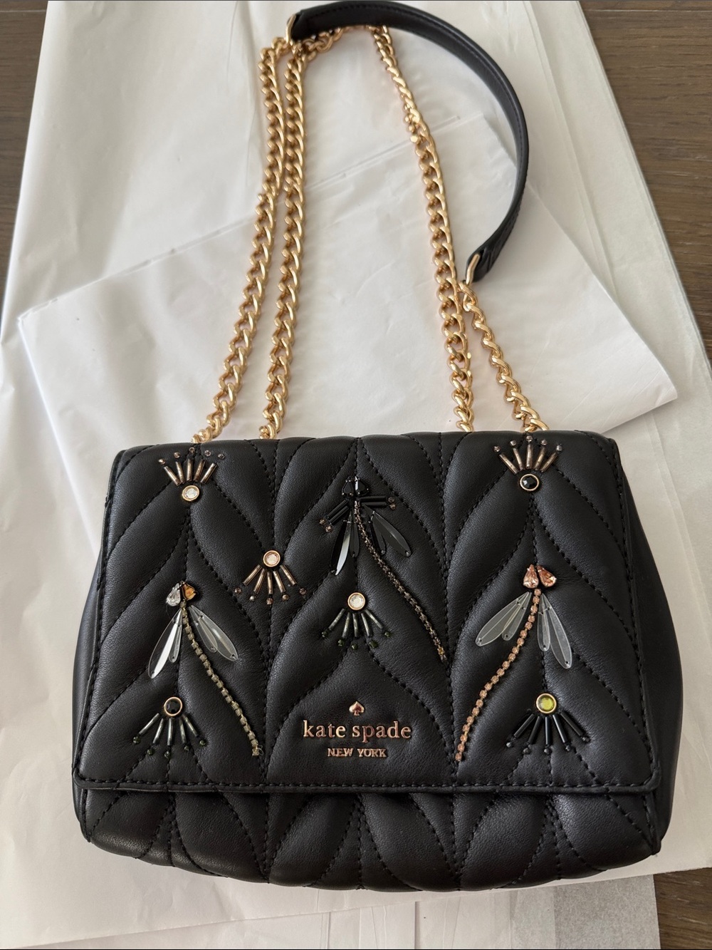 kate spade Black Quilted Shoulder Bag with Gold Chain and Crystal Embellishments
